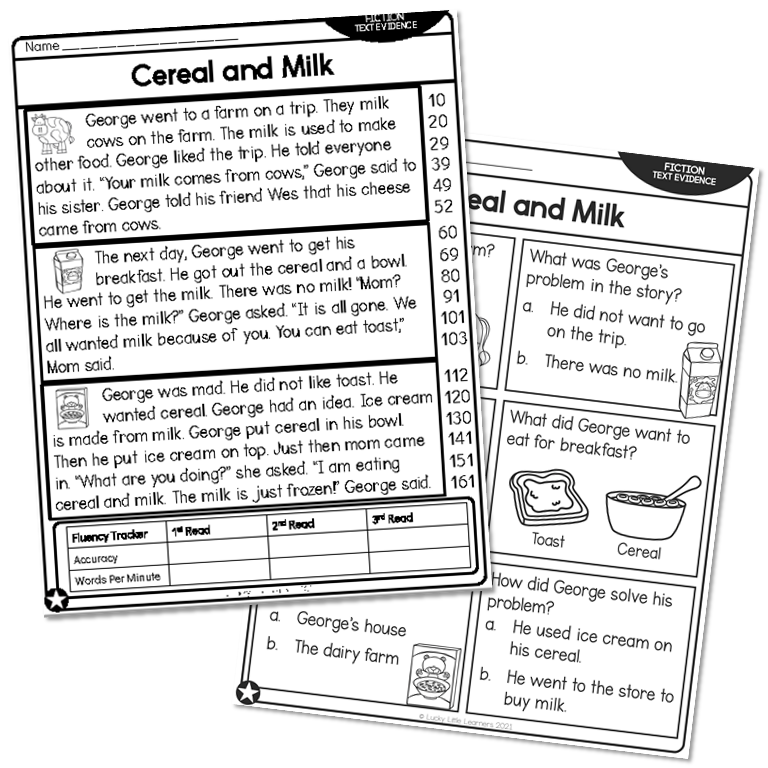 2nd Grade Fiction Text Evidence and 5 W's Reading Passage - Cereal and ...