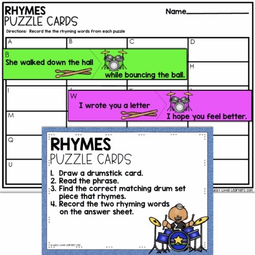 Colorful rhyming puzzle cards for early learning, featuring fun images and engaging activities to help children learn rhymes, matching words, and developing literacy skills.