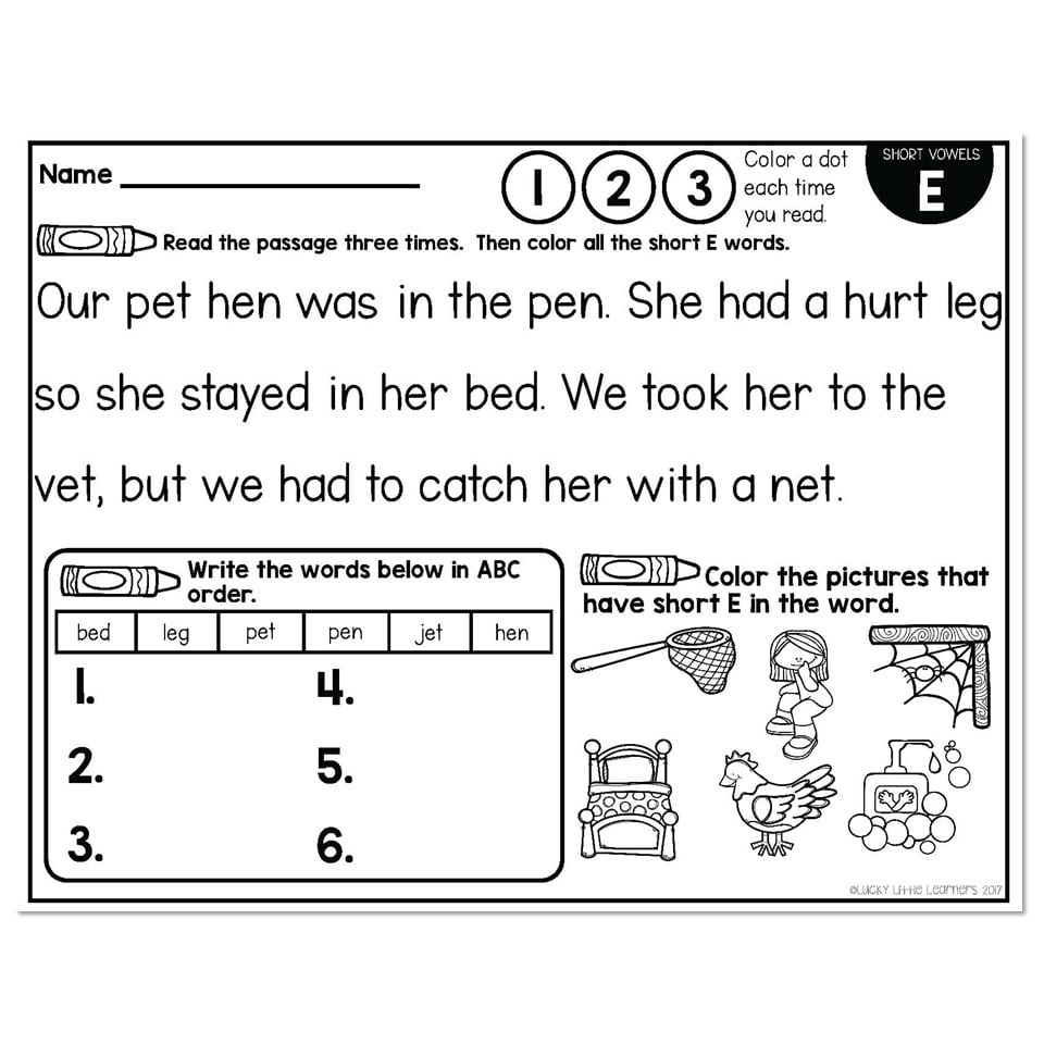 E - Short Vowel Phonics Mats 1st Grade - Lucky Little Learners