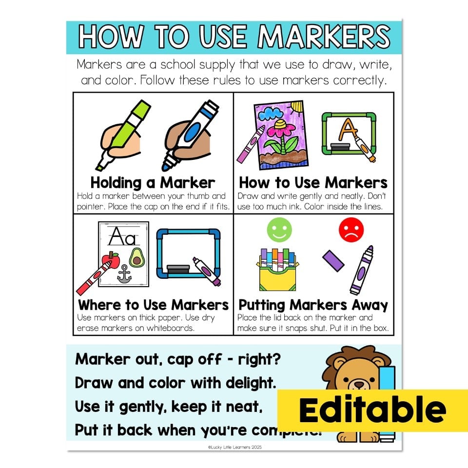 Editable School Supplies Practice Markers Anchor Chart How to Use