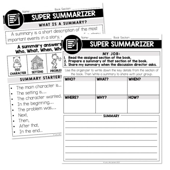 Literature Circles - Super Summarizer Materials - Lucky Little Learners