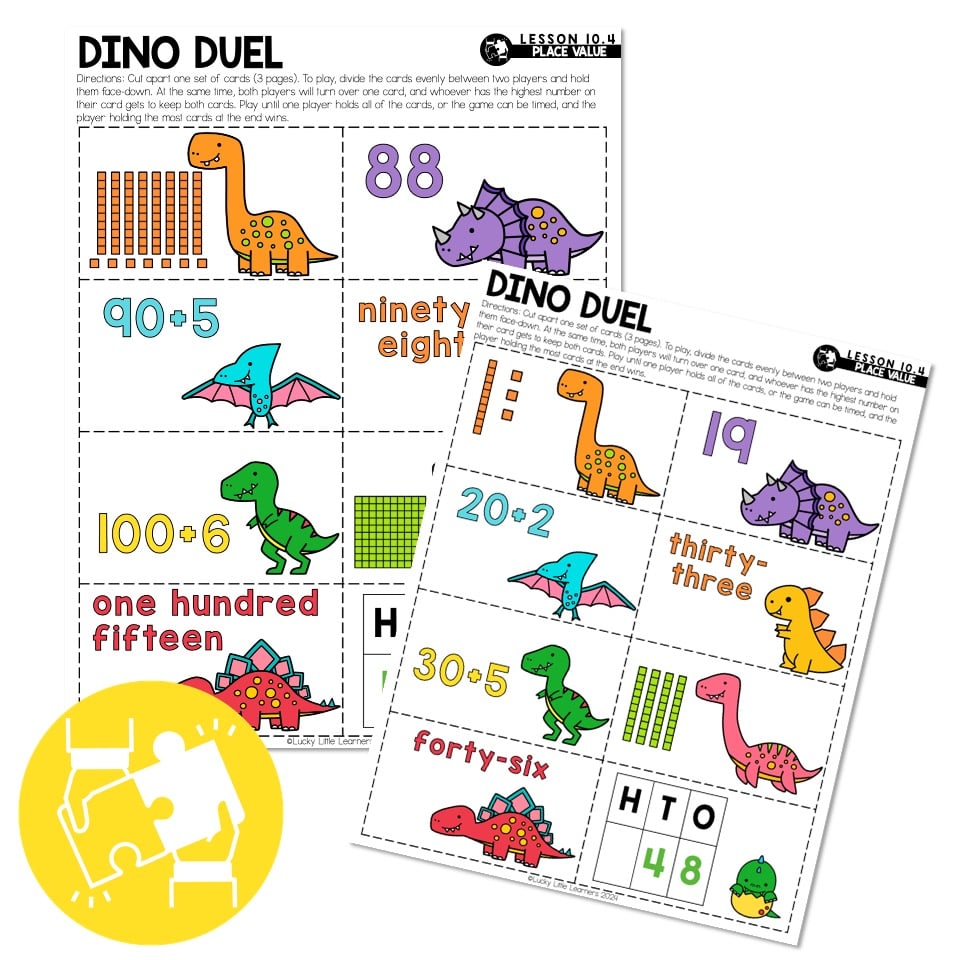 Lucky to Learn Math - 1st Grade - Lesson 10.4 - Place Value Review -  Collaboration - Dino Duel - Lucky Little Learners