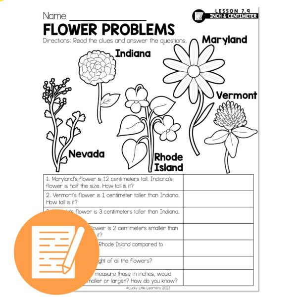 Flower Problem Geometry Lucky to Learn Math - Lesson 7.9 - Comparing Inches and Centimeters ...
