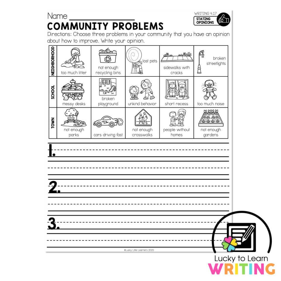 Community Problem Example Ks2 Lucky to Learn Writing - Unit 4 Opinion - Writing 4.17 - Stating ...