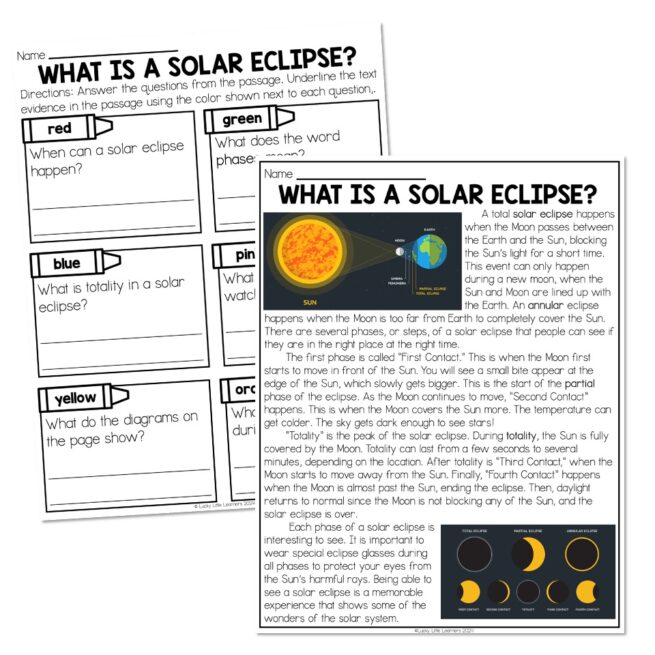 Solar Eclipse - Reading Passage and Questions - Lucky Little Learners