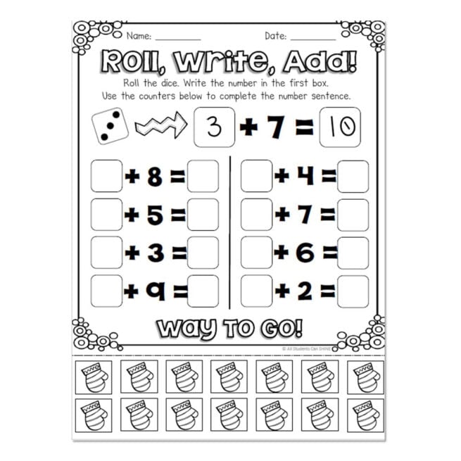 Writing Activity Math Worksheets Winter Math Activities - Roll Write Add - Lucky Little Learners
