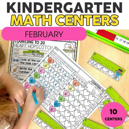 Bright colorful Kindergarten Math Centers for February, fun hands-on activities to engage young learners, perfect for preschool and early elementary classrooms.