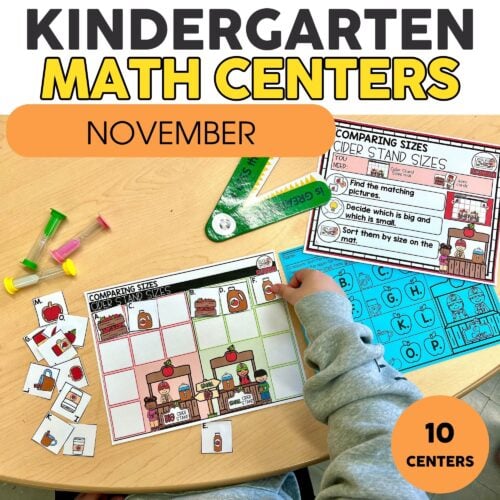 Brightly colored kindergarten math centers for early learners, featuring engaging activities on comparing sizes and sorting objects, perfect for preschool classroom education.