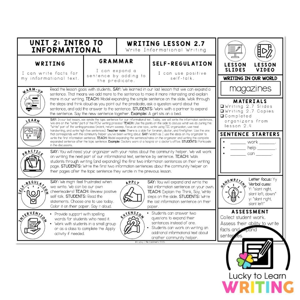 Lucky to Learn Writing 1st Grade - Intro to Informational - Writing 2.7 ...
