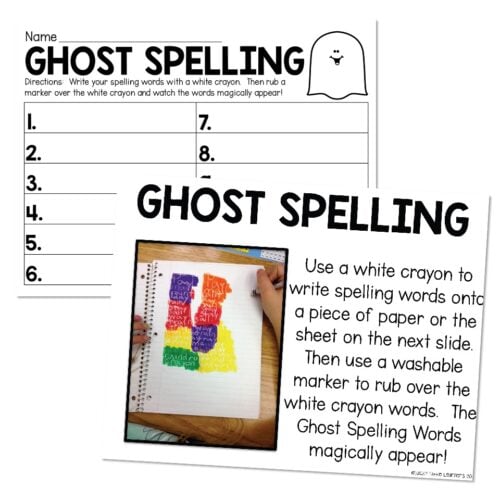 Educational Ghost Spelling activity for kids with white crayon and washable marker, featuring colorful spelling words on paper for engaging learning.