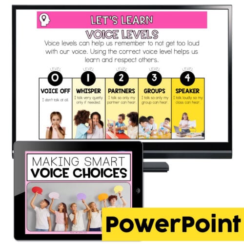 Voice level classroom management chart for young learners, teaching voice options from off to loud speaking, ideal for early childhood education and classroom behavior strategies.