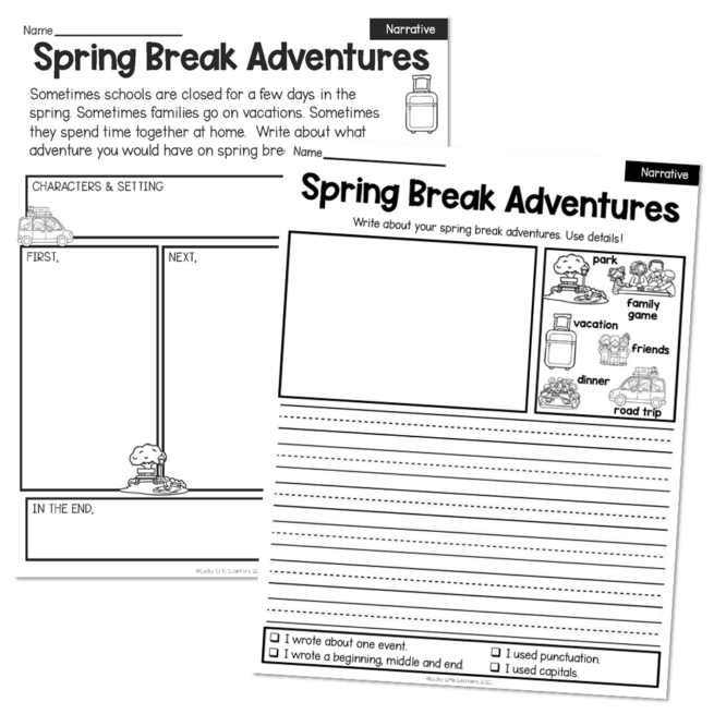 1st Grade April Writing Pages - Narrative - Spring Break Adventures ...