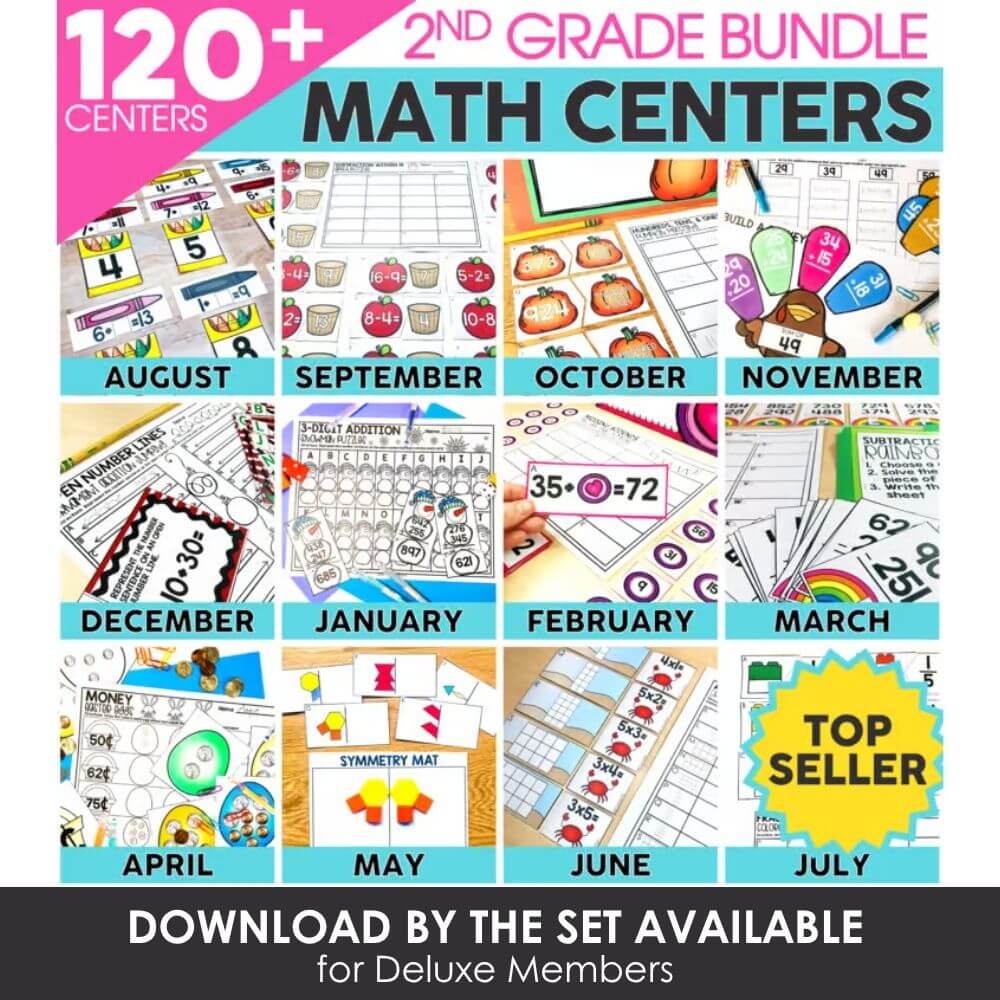 Bright colorful second grade math centers bundle with over 120 activities, perfect for early learners, classroom use, and homeschooling math curriculum.