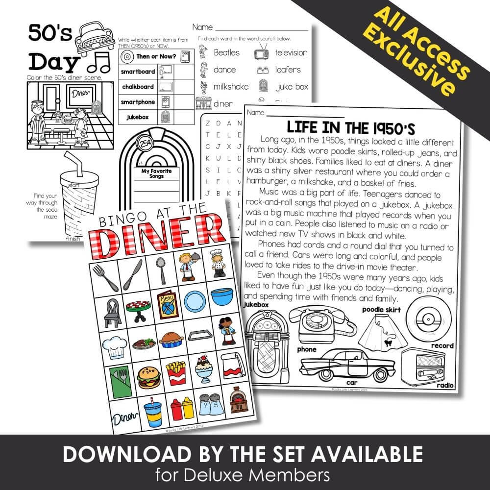 50s diner coloring page with retro restaurant scene, vintage music and classic American foods, perfect for preschool, kindergarten, and homeschool learning.