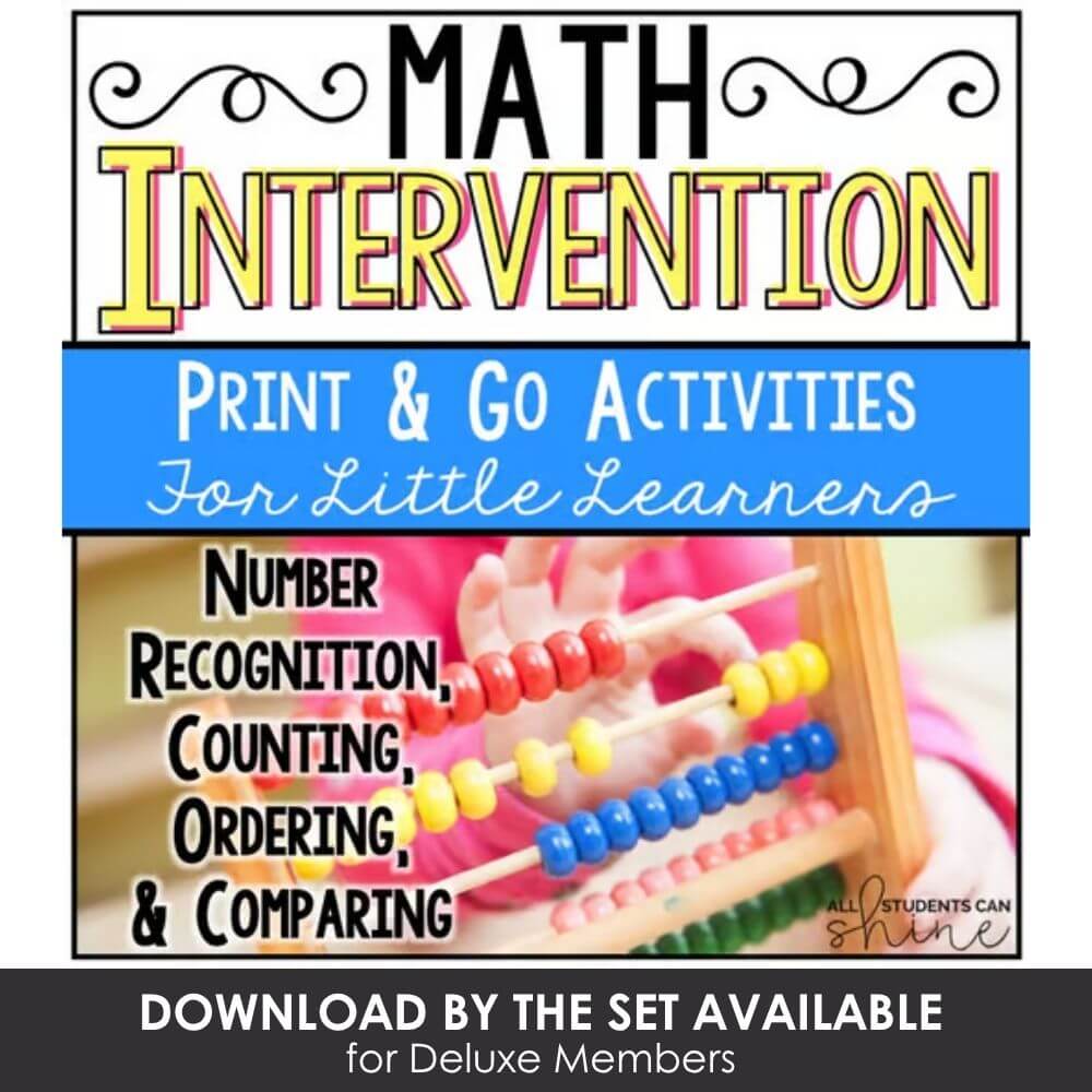 Math intervention activities for early learners, inclusive of print and go resources focusing on number recognition, counting, ordering, and comparing skills for preschool and kindergarten students.