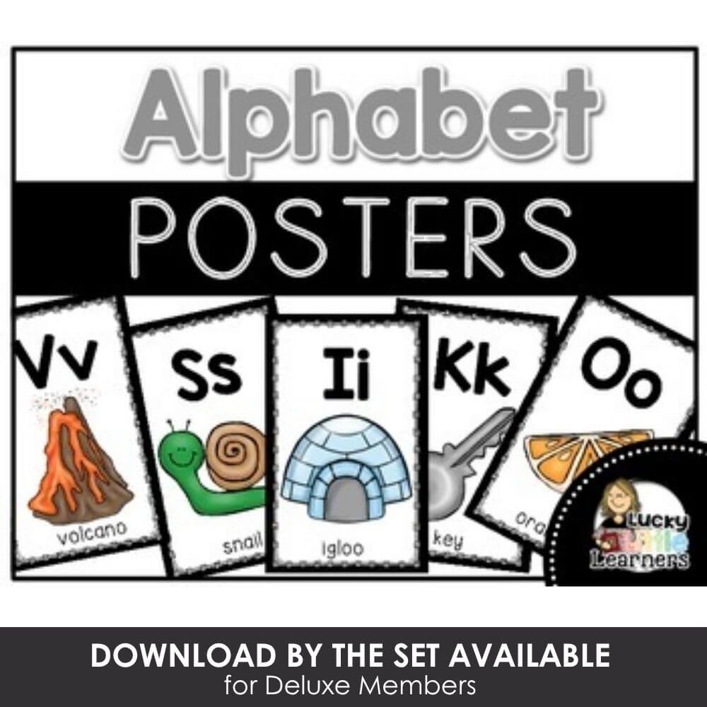 Colorful alphabet poster cards for early learning, teaching the letters V, S, I, K, O with images of volcano, snail, igloo, key, and orange for preschool and kindergarten students.