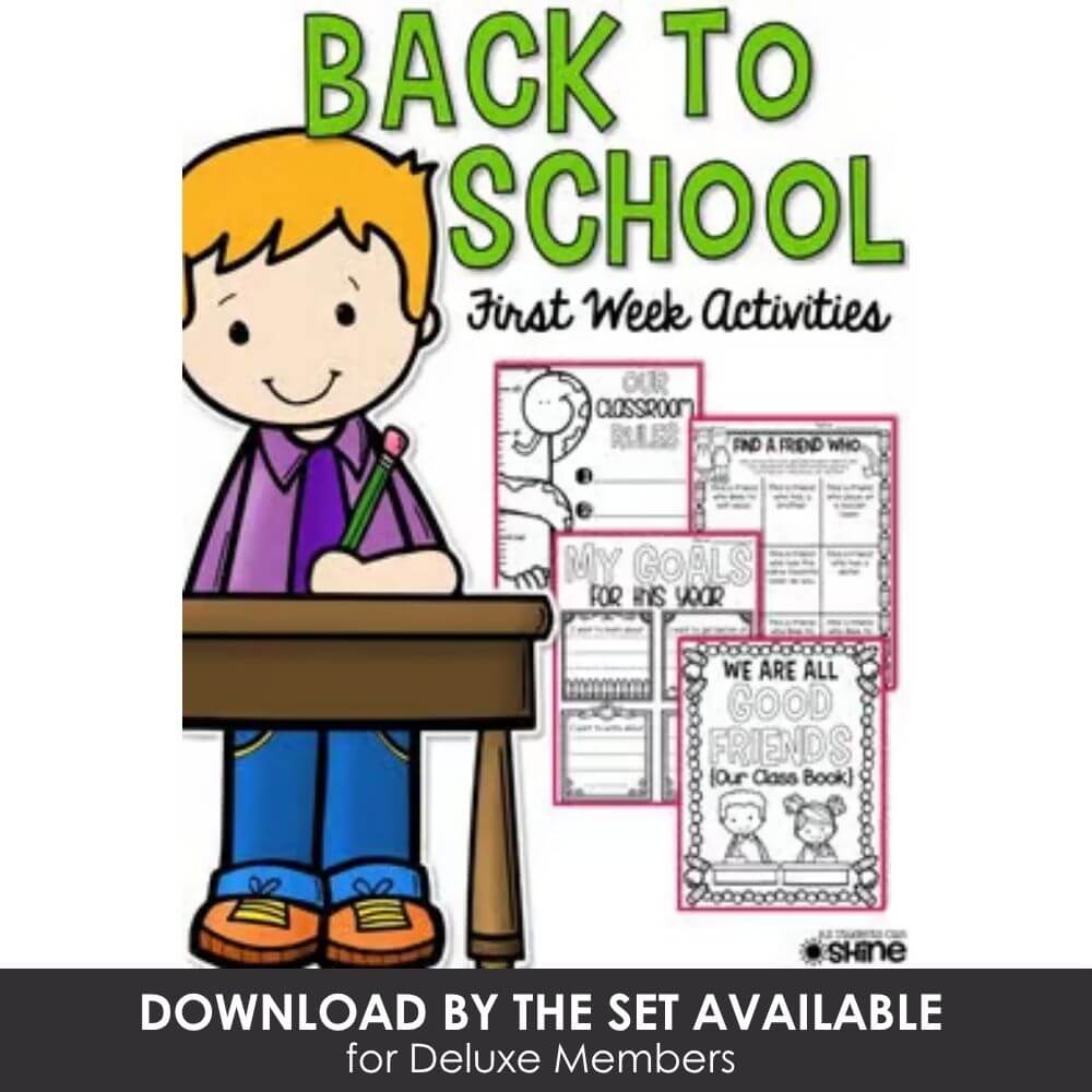 Colorful back to school first week activities for kindergarten, printable classroom resources, student goals, friendship, and social skills.