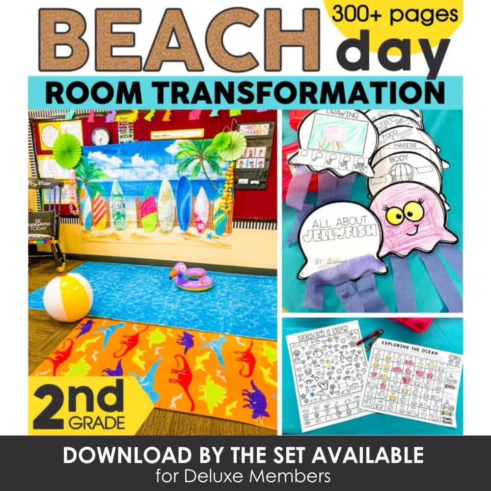 Beach room transformation activity for 2nd grade, featuring ocean-themed decor, educational worksheets, and fun summer props for classroom or at-home learning.