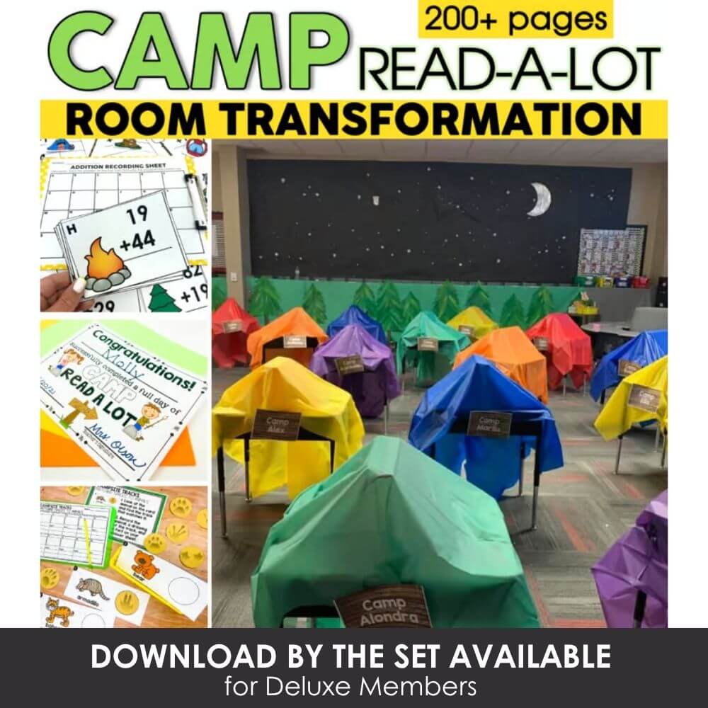 Colorful classroom camp setup with tents and educational materials for engaging reading and room transformation activities. Perfect for early childhood literacy and classroom decor.
