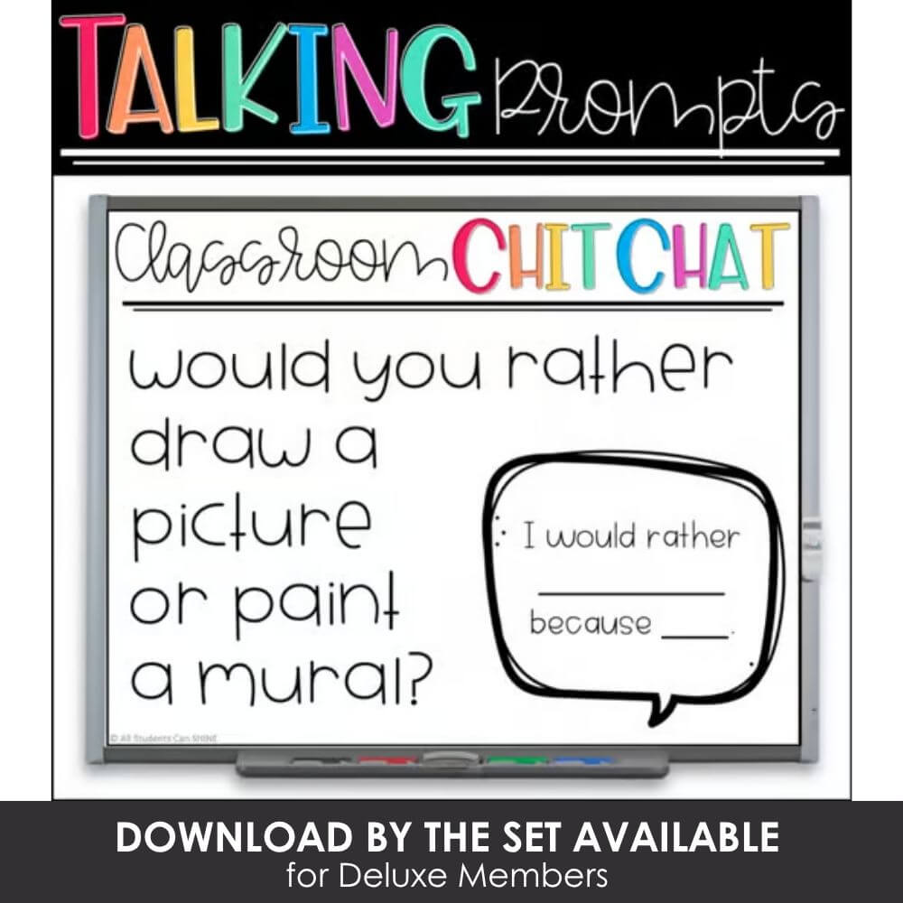 Colorful classroom talking prompts for early literacy and speaking practice.