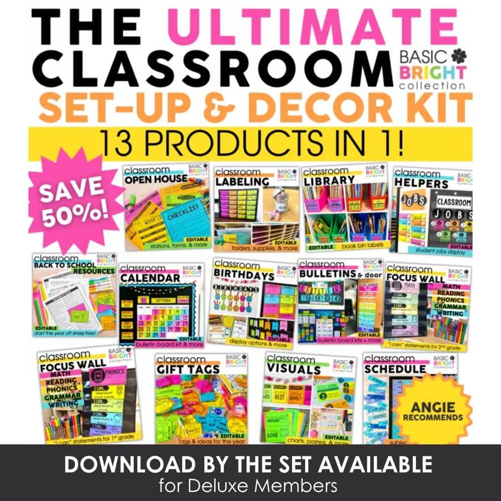 Creative classroom decor set-up kit with 13 products, including labels, bulletin boards, calendars, and visuals - perfect for teachers to organize and brighten their classrooms.