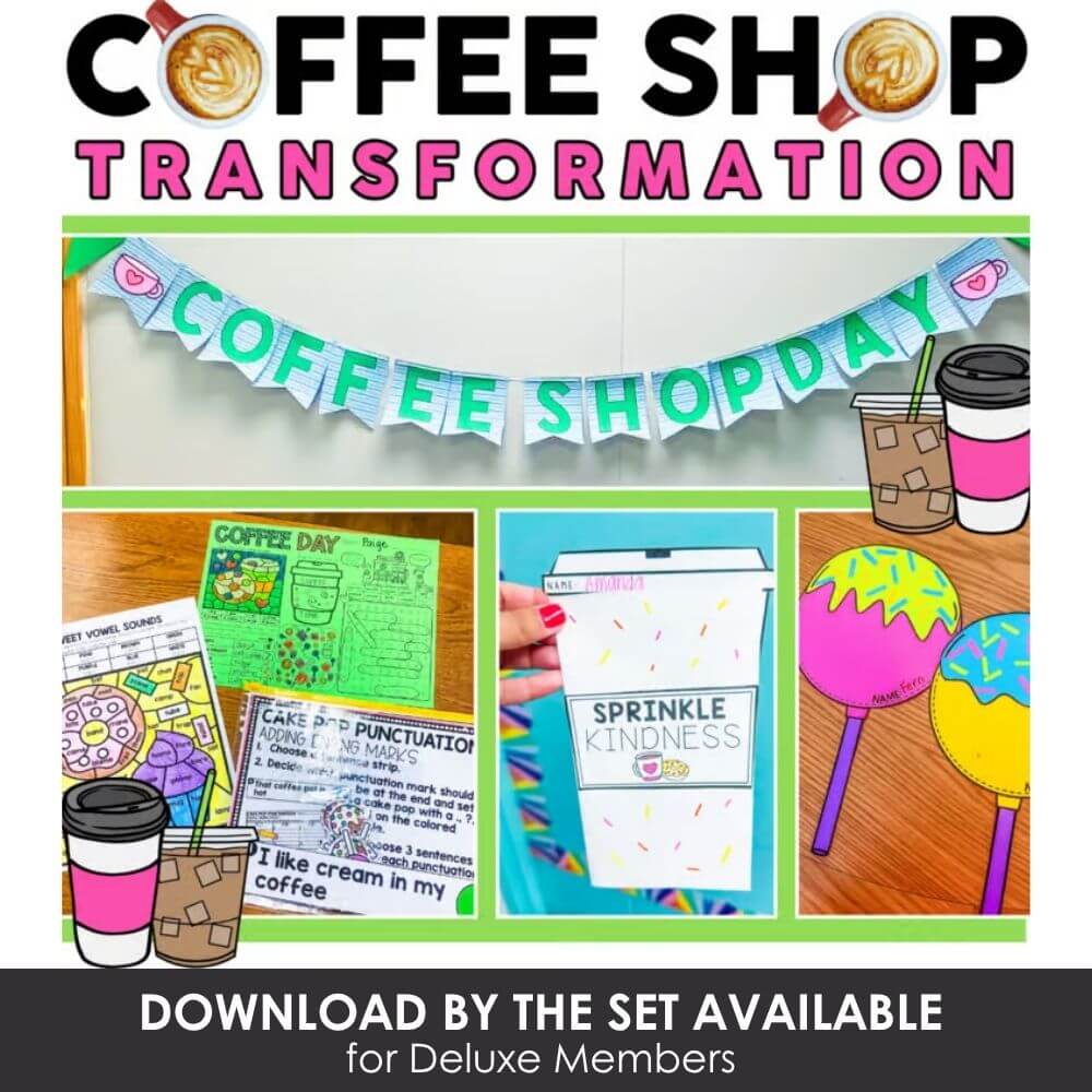 Colorful coffee shop themed classroom decoration for literacy activities, spelling, punctuation, and kindness recognition, perfect for back-to-school or coffee shop day learning projects.