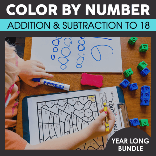A colorful educational activity for kids featuring a color by number worksheet focused on addition and subtraction to 18, with dice and markers, ideal for engaging young learners in math practice.