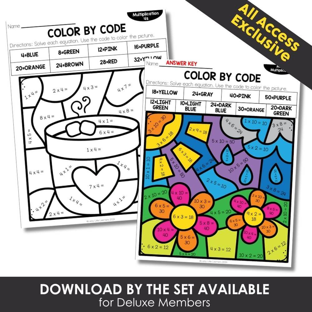 Color by code multiplication worksheet for math learning and practice, featuring fun coloring activities with multiplication equations and answer key for elementary students.