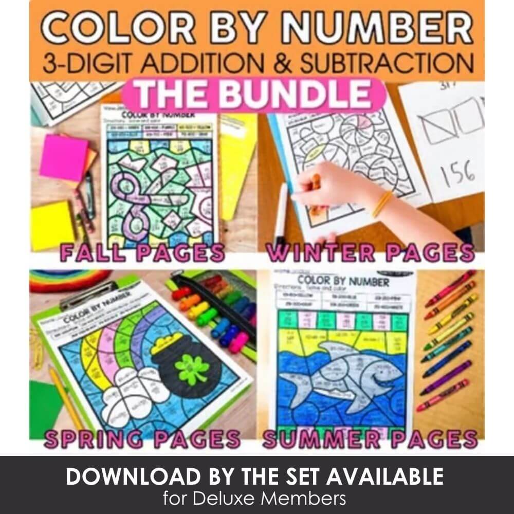 Color by number bundle for 3-digit addition and subtraction, includes fall, winter, spring, and summer seasonal pages, perfect for preschool and elementary learning, available for download.