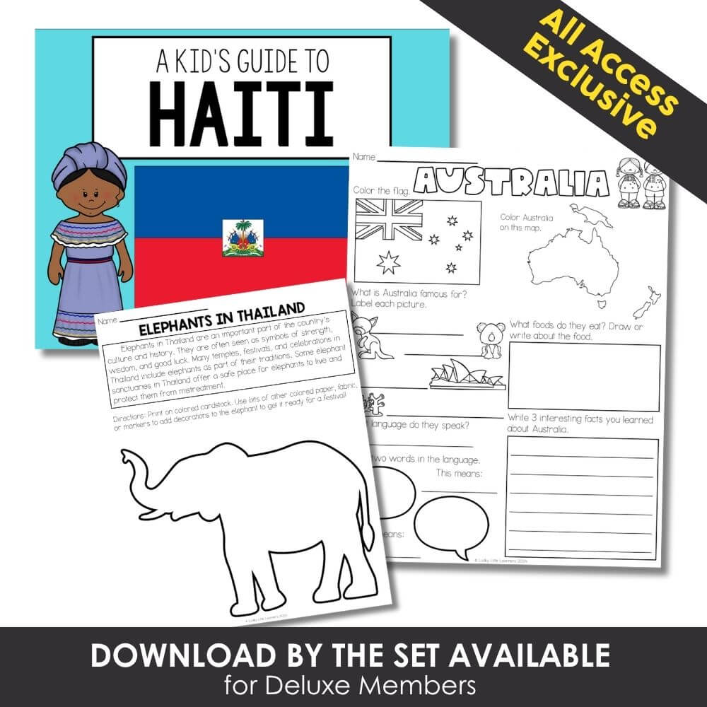 Haiti educational activity for kids, featuring flag, map, and fun facts to promote cultural learning and world geography skills. Perfect for preschool and elementary classroom use.