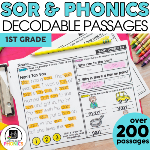 Decodable phonics passages for 1st grade, focusing on SOR & Phonics, including short vowels and blend practice, ideal for early reading development and literacy skills.