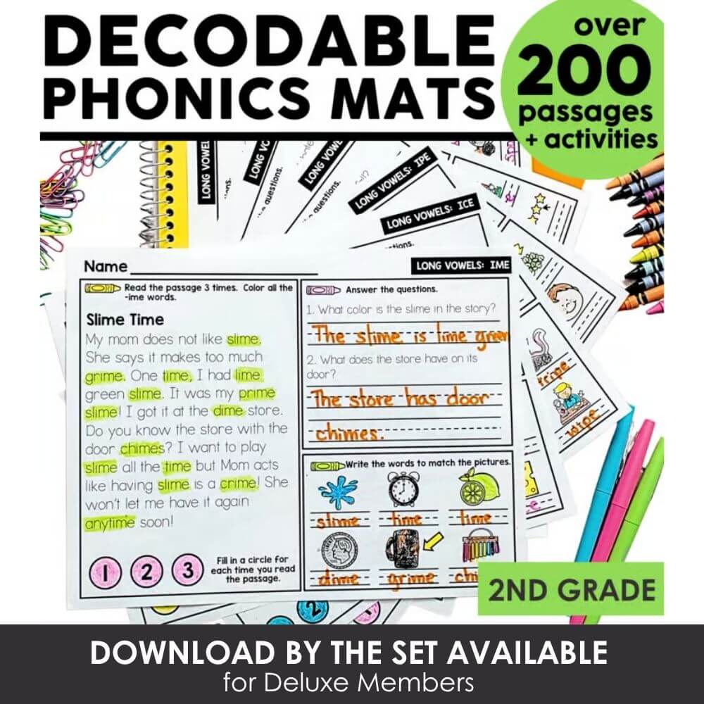 Decodable phonics mats for second grade, featuring over 200 passages and activities to improve reading skills, phonemic awareness, and decoding for young learners.