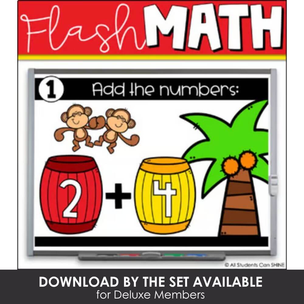 Colorful classroom whiteboard showing math addition problem with monkeys and barrels, educational learning tool for early childhood math practice, perfect for preschool or kindergarten teachers.
