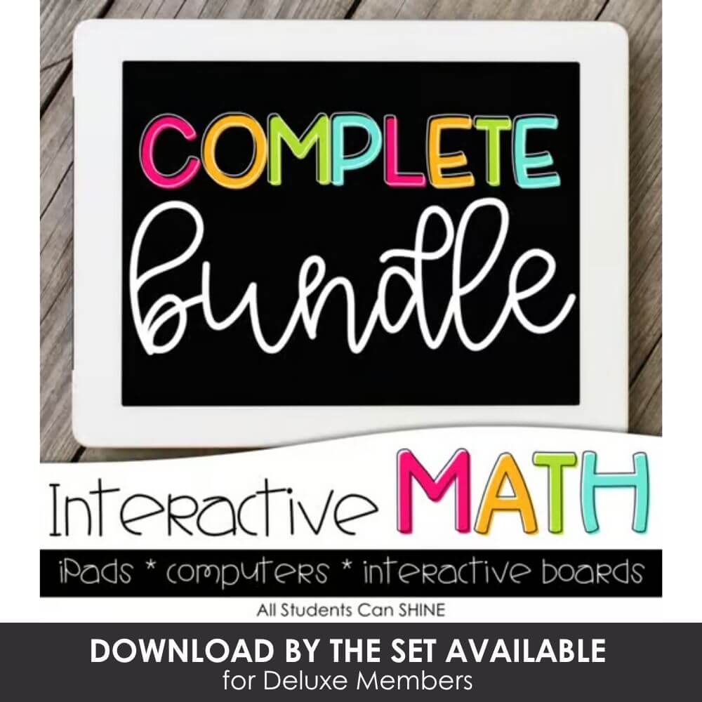 Bright colorful "Complete Bundle" digital classroom resource for interactive math activities, including iPads, computers, and interactive boards for engaging elementary students.