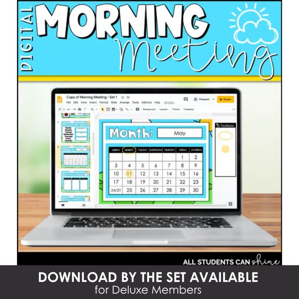 Digital morning meeting calendar for classroom, teacher resources, student organization, interactive virtual learning, educational tools, teacher digital planner, classroom management resources.