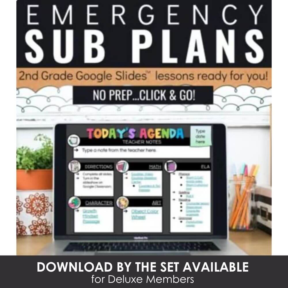Emergency sub plans for 2nd grade, ready-to-use Google Slides lessons, no prep, printable, interactive classroom management, teacher planner, educational resources for teachers.