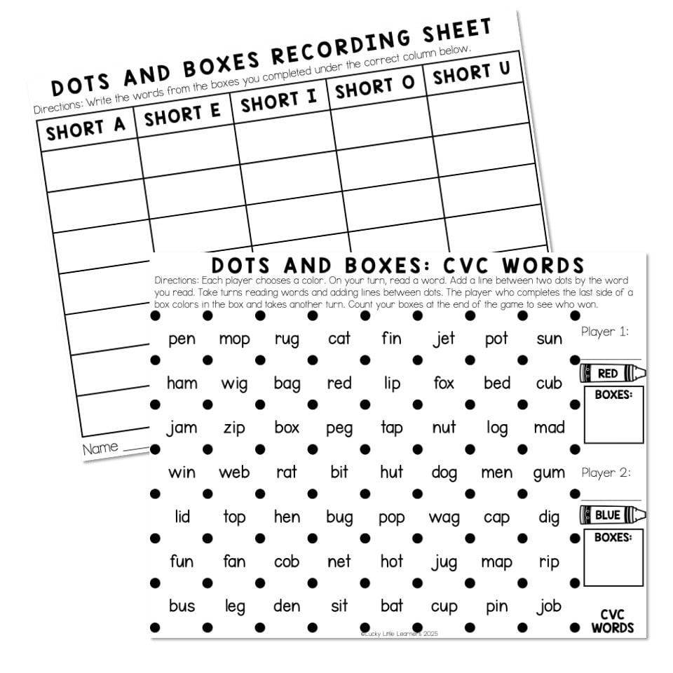 Dots and Boxes Partner Phonics Game - CVC Words - Lucky Little Learners