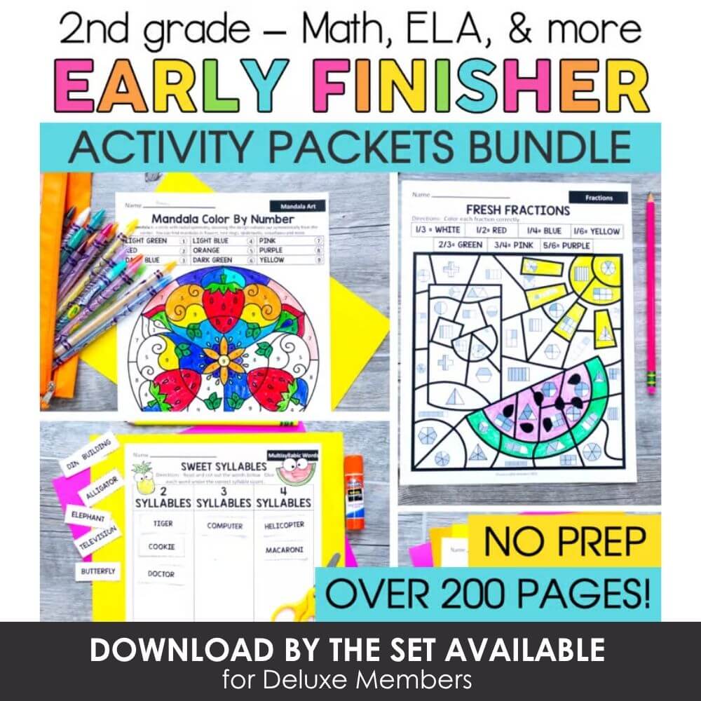 Colorful early learner activity packets for 2nd grade math, ELA, fractions, and syllables, perfect for homeschooling or classroom use. No prep, over 200 pages, immediate download.