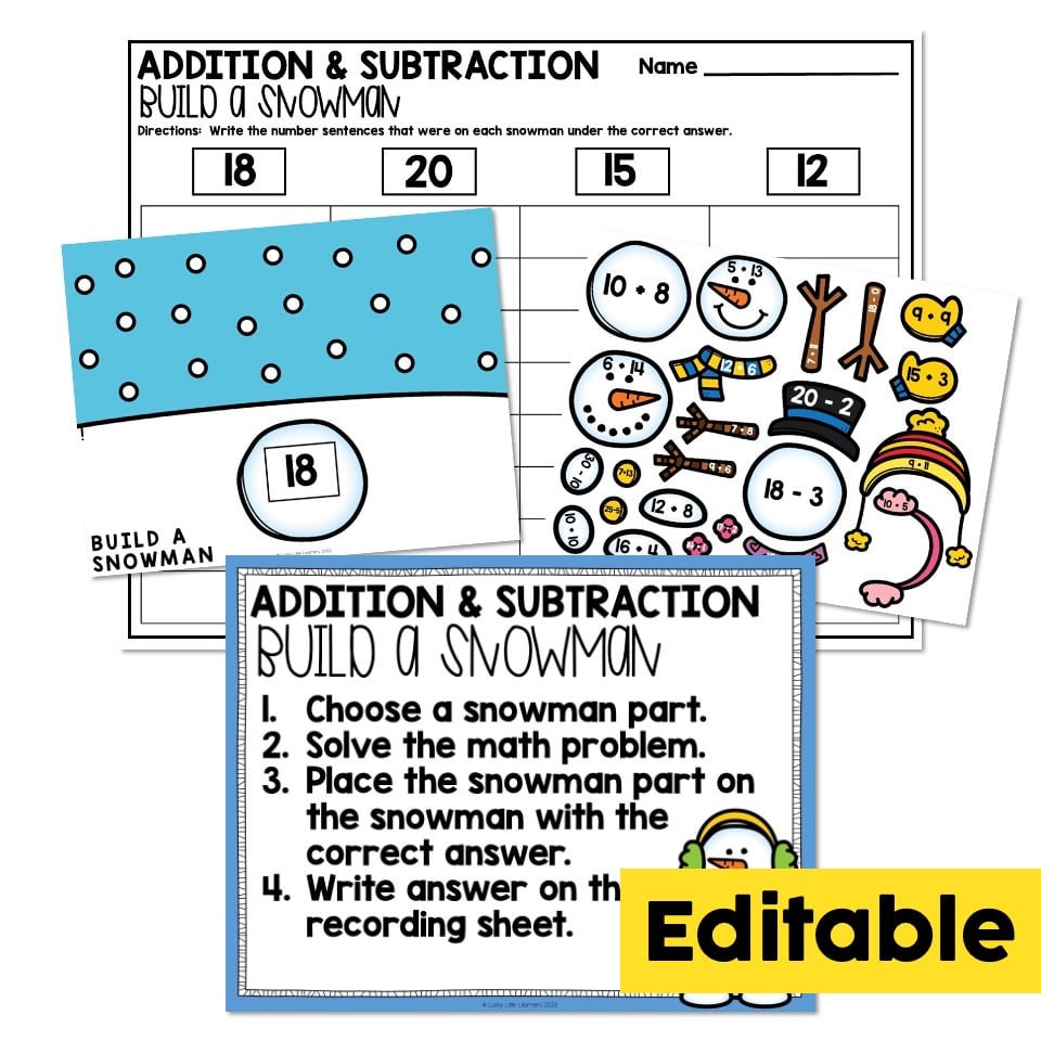 Editable January Math Center - Addition and Subtraction - Build a ...