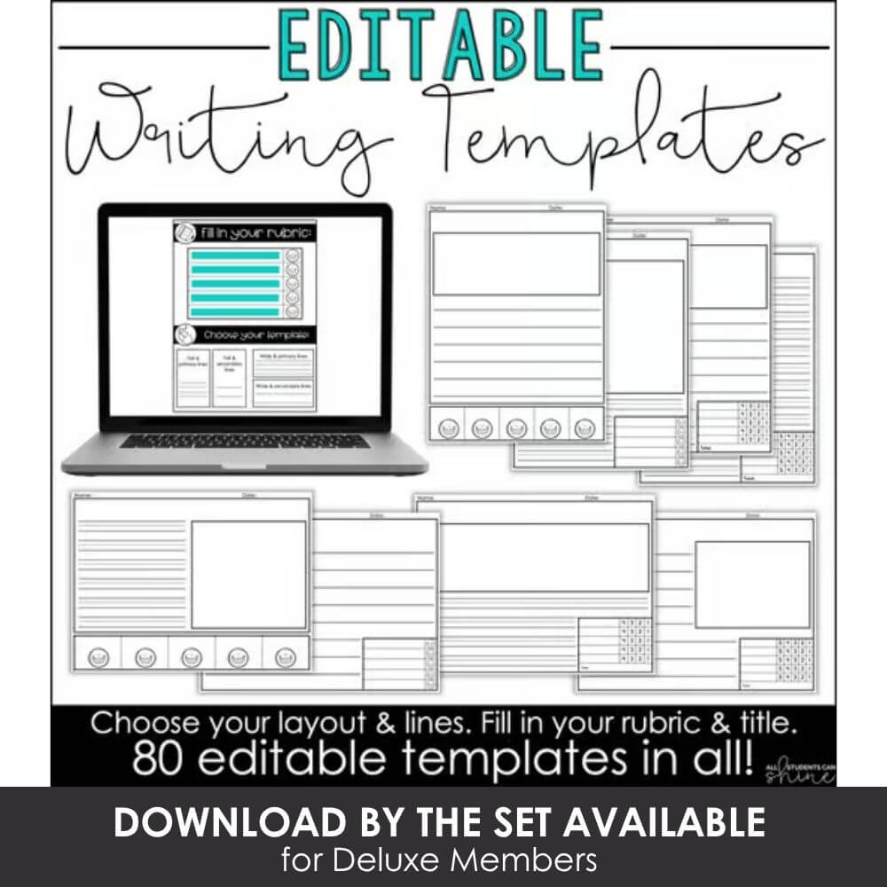 Editable writing templates for classroom and homeschool, including rubrics and line options, ideal for teacher resources and student writing practice.