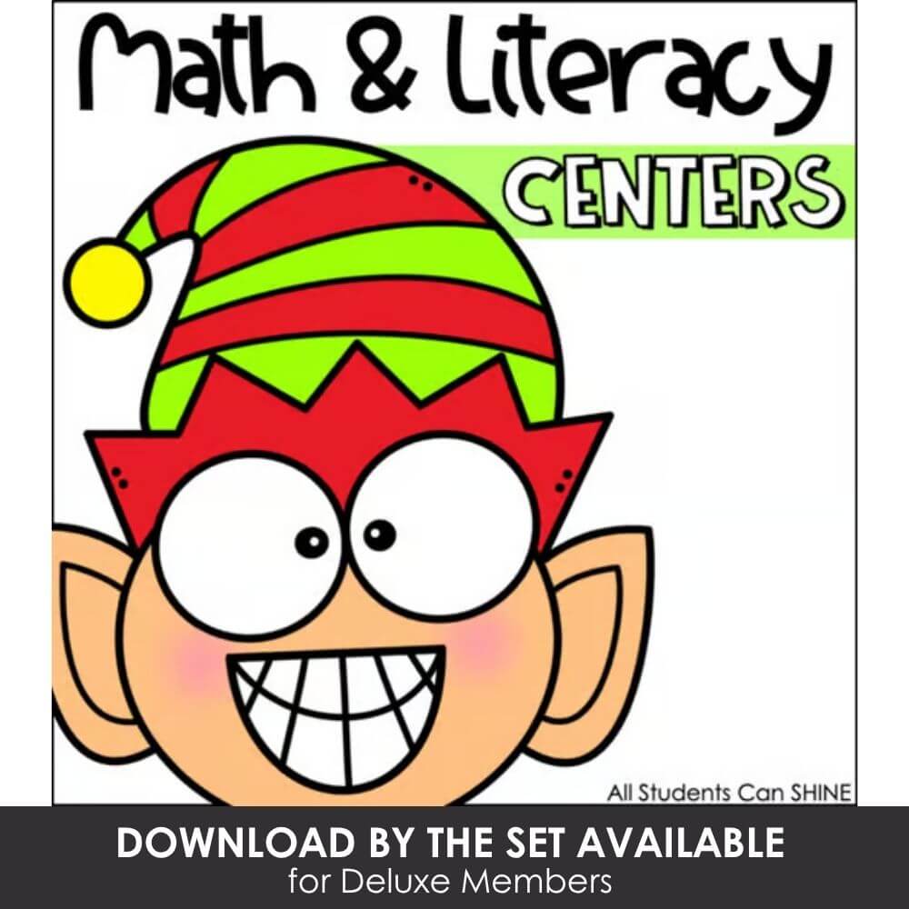 Colorful elf character cartoon for Christmas math and literacy centers, festive educational activities for young students, holiday learning resources, fun classroom decor.