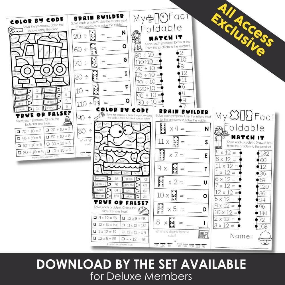 Coloring math worksheets for elementary students with fun themed activities, including color-by-code, true or false, and foldable match it puzzles, perfect for engaging young learners in math practice.