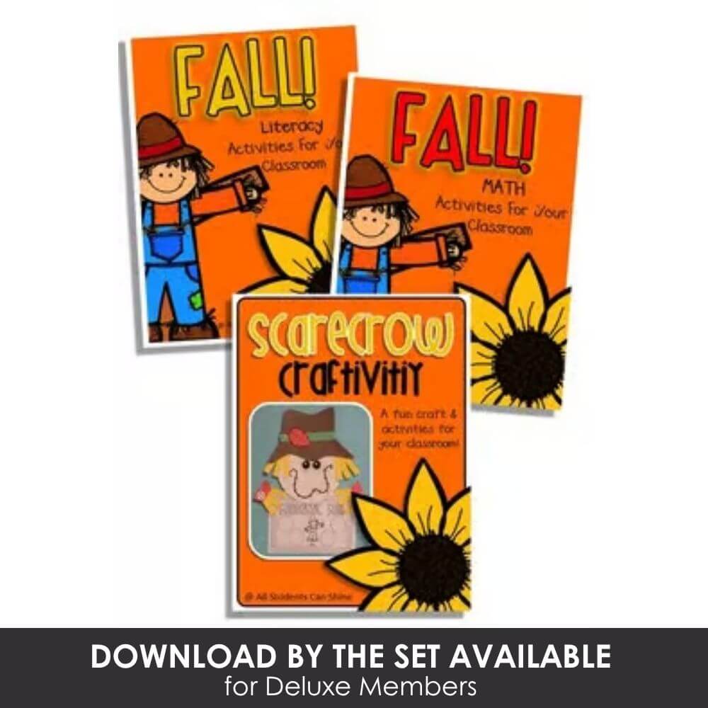 Bright educational fall-themed literacy, math, and craft activities for kindergarten classroom learning, featuring sunflower designs and engaging, fun worksheets.