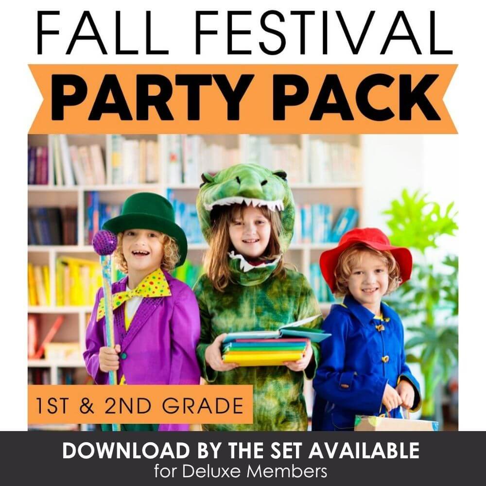 Fall festival party pack for 1st and 2nd grade, educational classroom activities, school celebration resources, printable worksheets, fall themed learning, classroom games.