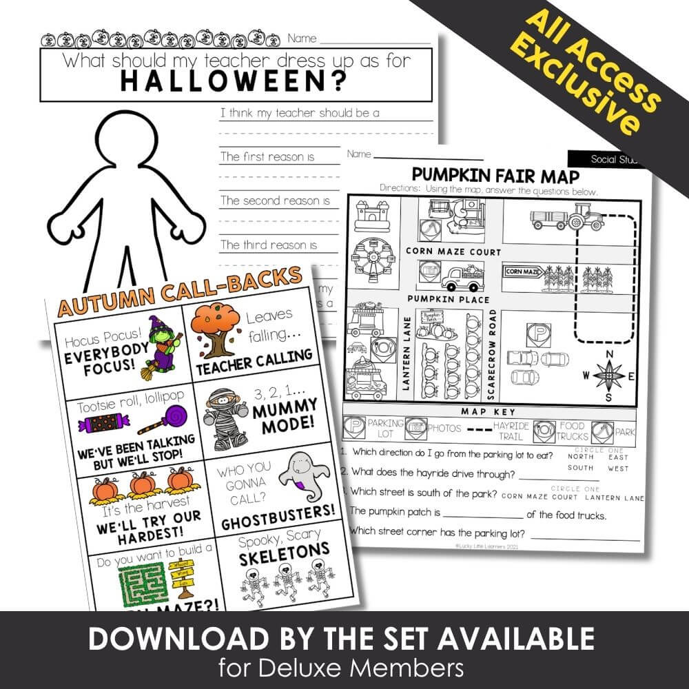 Colorful Halloween-themed activity worksheets for early childhood education, including pumpkin fair map, fall call-backs, and fun Halloween prompts for teachers and students.