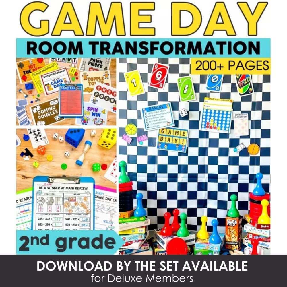 Colorful classroom game day decor with over 200 pages, educational activities, and interactive learning tools for 2nd grade classrooms, perfect for engaging students in fun, academic review sessions.