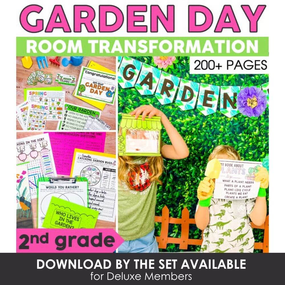Colorful garden day room transformation activity set for 2nd grade, includes 200+ pages of educational printables, crafts, and garden-themed learning resources for kids.