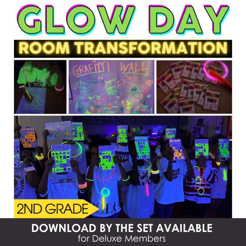 Glow day room transformation activities for elementary students, glow in the dark classroom decor, and interactive learning with UV glow materials. Perfect for engaging 2nd graders.