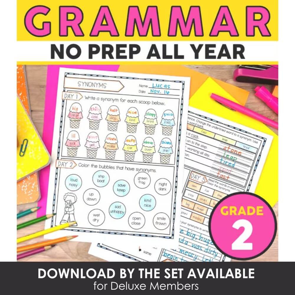 Engaging kindergarten grammar worksheets and activities for Grade 2, focusing on synonyms, vocabulary, and language skills, aligned with No Prep teaching resources.