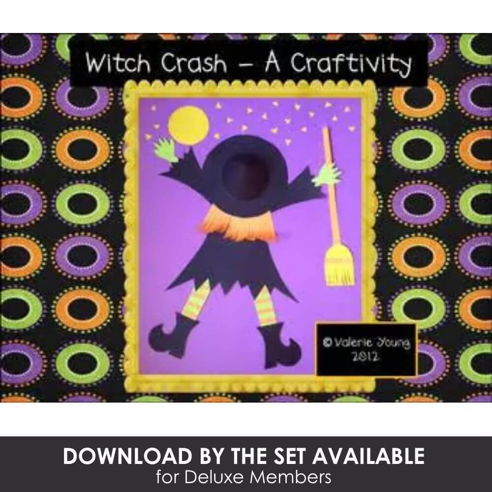 Colorful witch craft activity for kids, Halloween-themed craft, witch silhouette with broom, fun classroom decor, educational activity for preschool and elementary students.